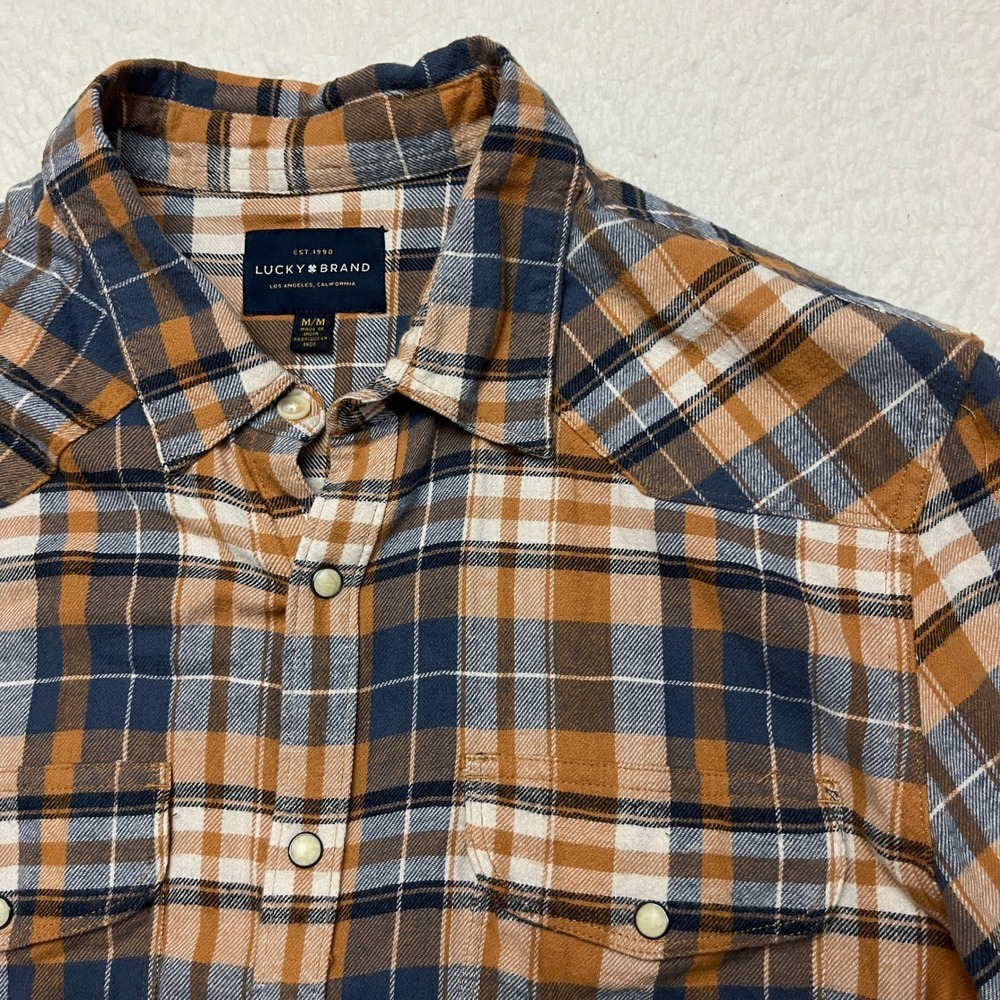 Lucky Brand Shirt Mens Medium Brown Plaid Western Pearl Snap Flannel Long Sleeve